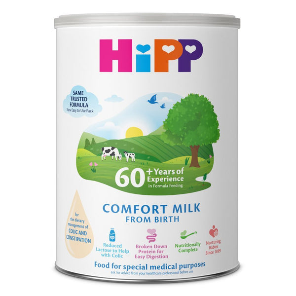 HiPP Comfort Milk formula for babies from birth designed to ease colic, constipation, and support digestion.
