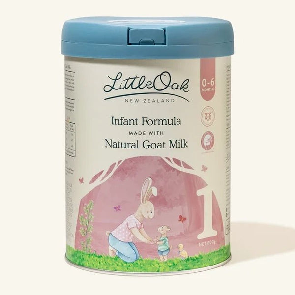 Little Oak Natural Goat Milk Infant Formula Stage 1, an 800g tin suitable for newborns, offering a gentle alternative.